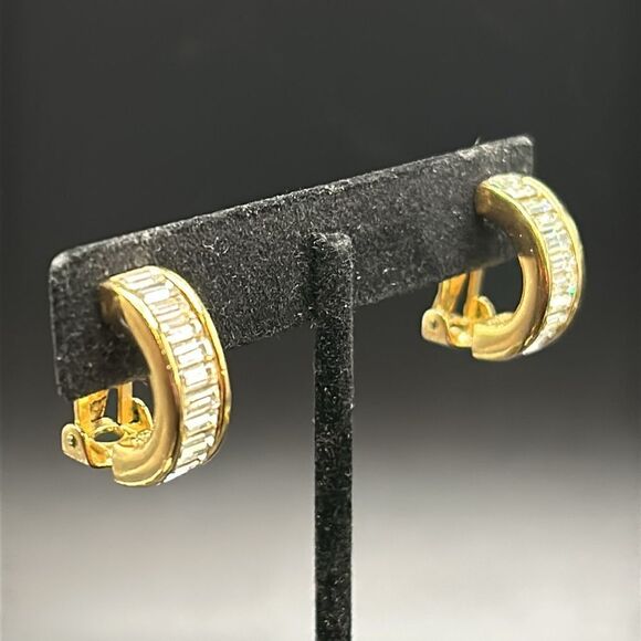 VTG Christian Dior Rhinestone Baguette Gold Half Hoops Clip Ons - Picture 4 of 12